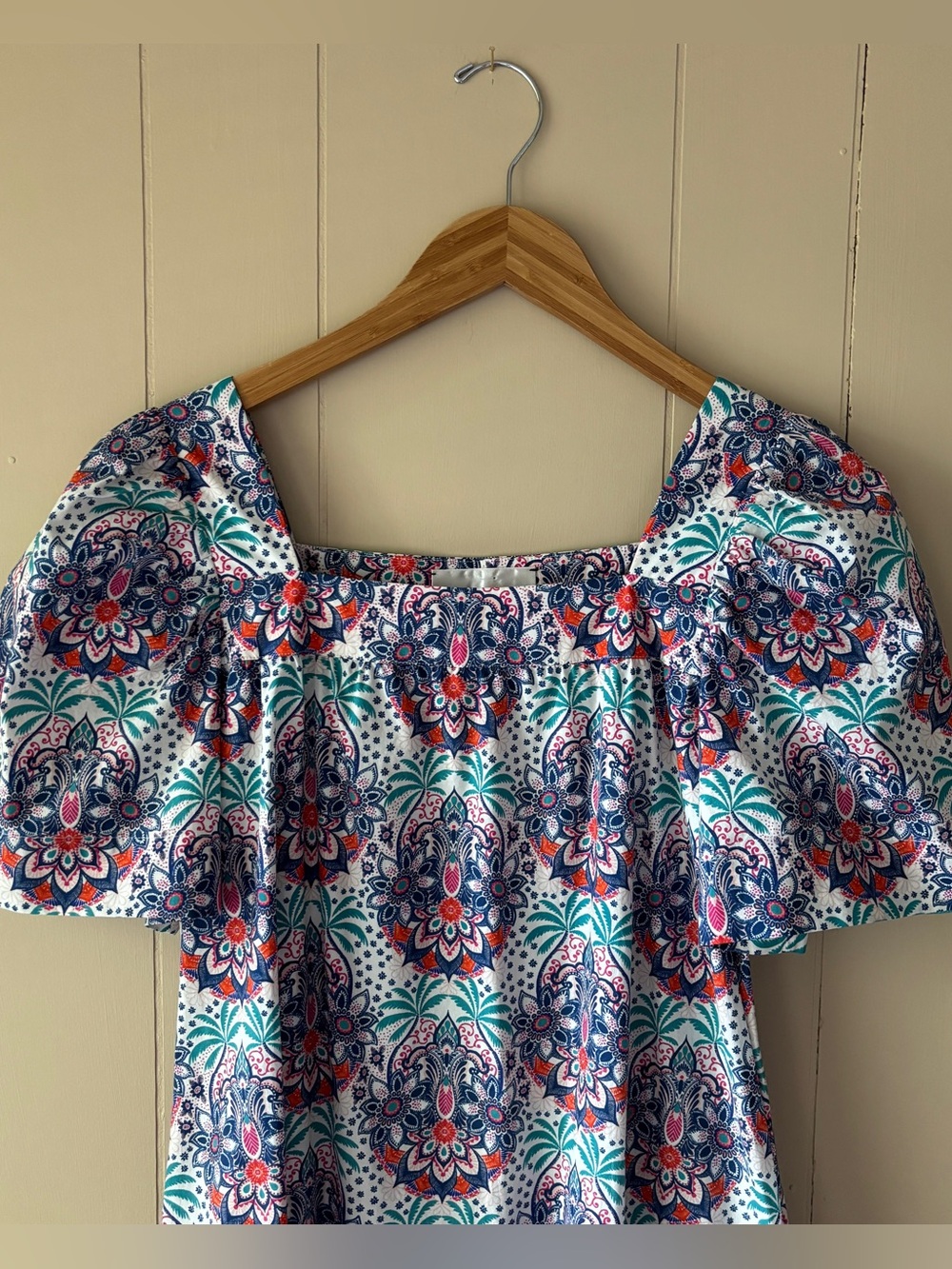 Cara Cara White Multi Paisley Medallion Square NeckPuff Sleeve Dress Size M NWOT